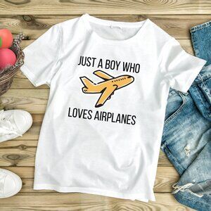 Handmade NWT Just a Boy Who Loves Air Planes | Kids White Graphic Tee (XS-XL)